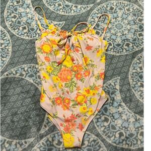 Aerie One Piece Cheeky Swimsuit Pink Floral Ribbed Keyhole Tie Small S